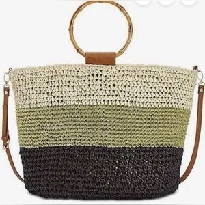 INC Woven Straw Colorblock Tote Bag with Bamboo Handles - Cream, Green, Black